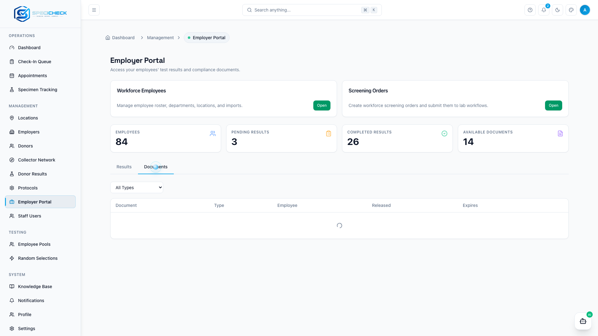 SpeciCheck operational dashboard screenshot