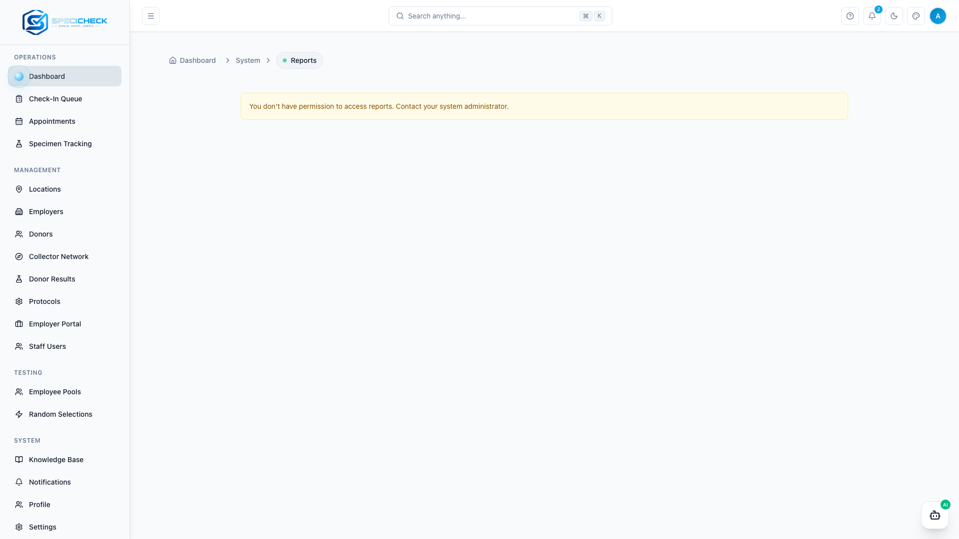 SpeciCheck reporting dashboard screenshot