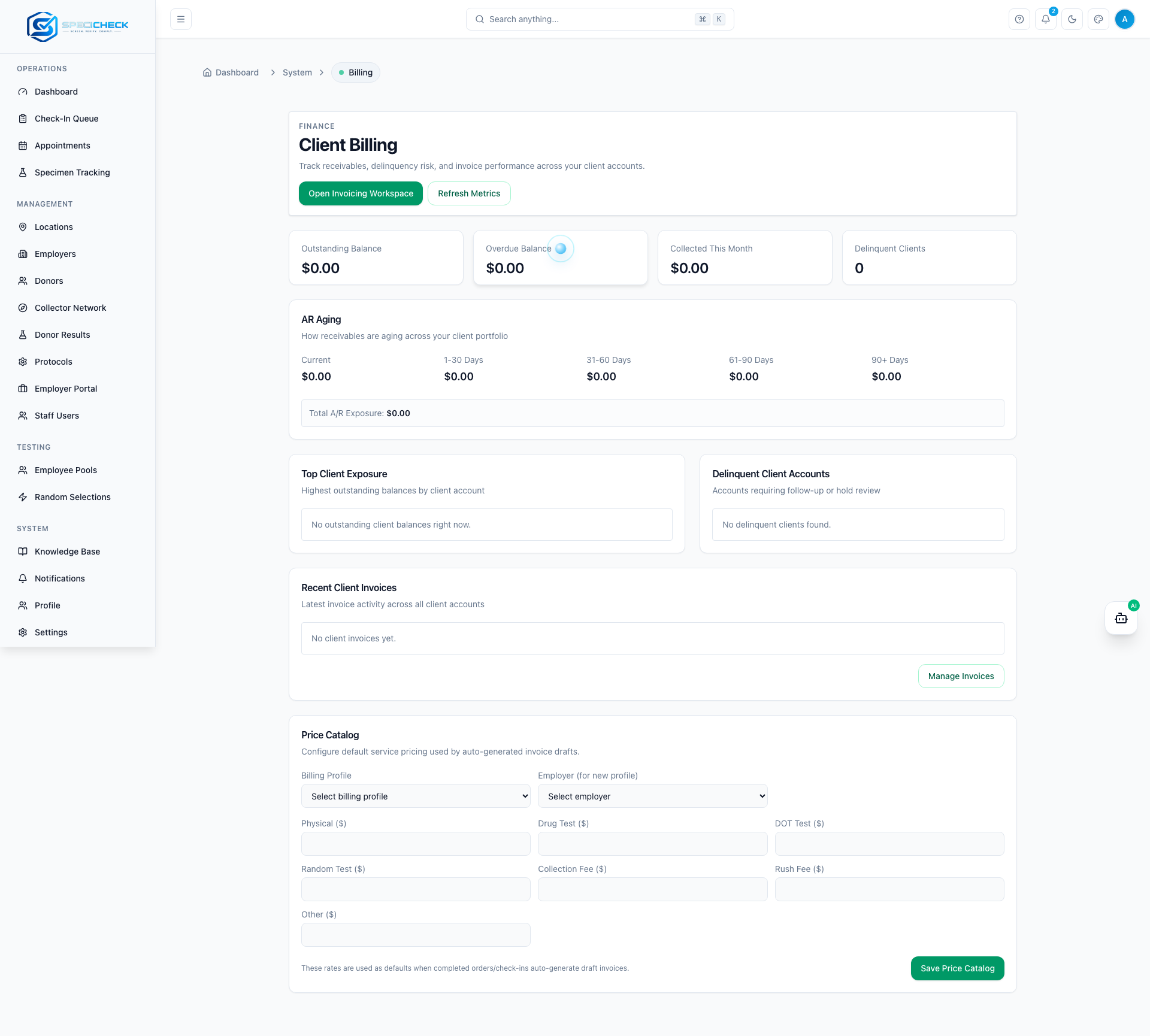 SpeciCheck reporting and billing screenshot
